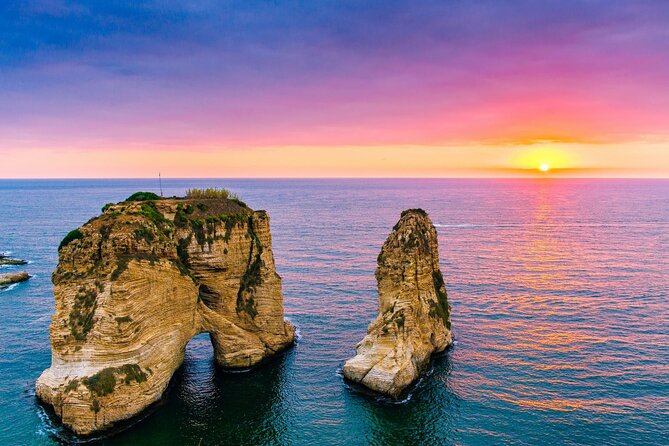 The sea stacks off the Beirut corniche at sunset