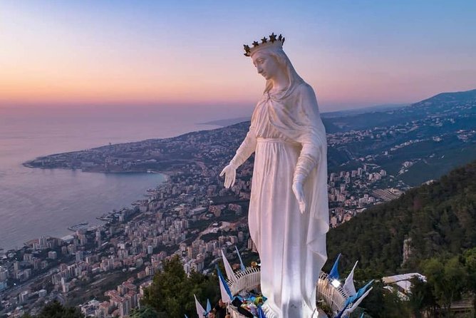 Private Full-Day Tour to Jeita Grotto, Harissa and Saint Charbel from Beirut - Harissa Shrine of Our Lady of Lebanon: the 15-ton bronze statue and the best kind of viewpoint